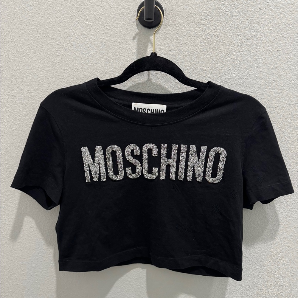 Moschino Black Crop Top with Embellished Crystal Studs